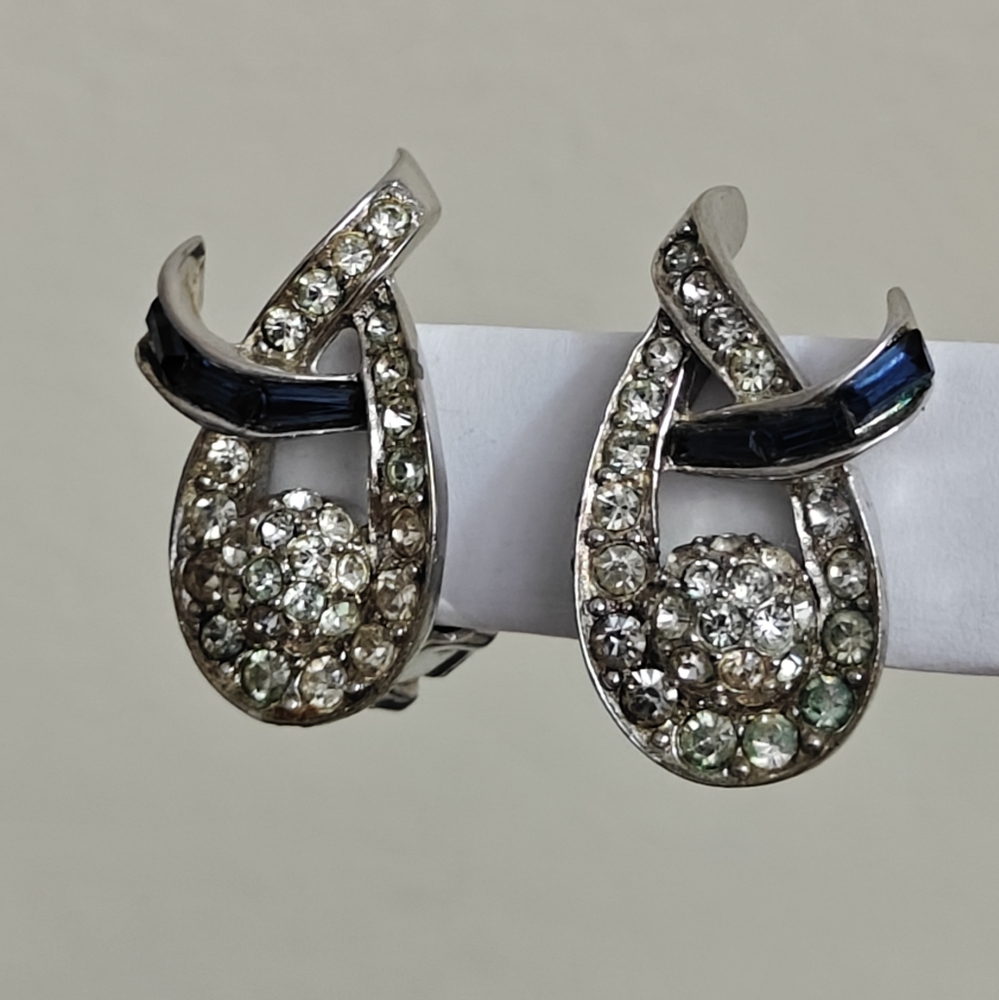Signed Boucher Silver and Blue Crystal Earrings
